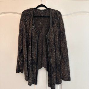 Eileen Fisher Black Gold and leather sweater jacket 2x